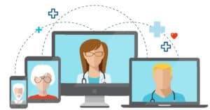 graphic of screens with faces, representing a care provider communicating by video with patients